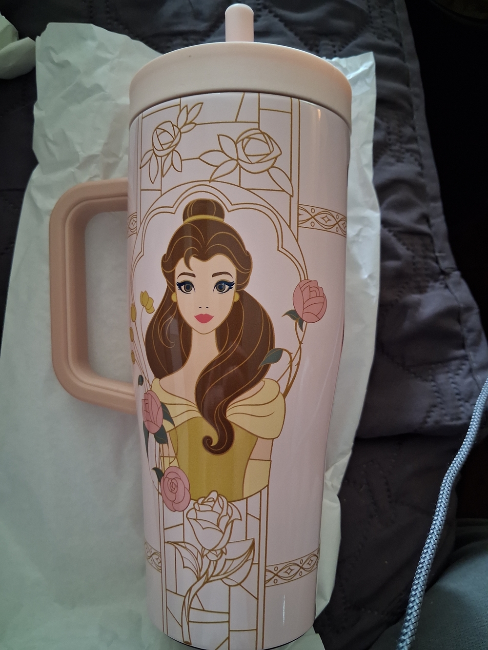 CORKCICLE Disney Belle Pink and Gold Travel Mug with Handle